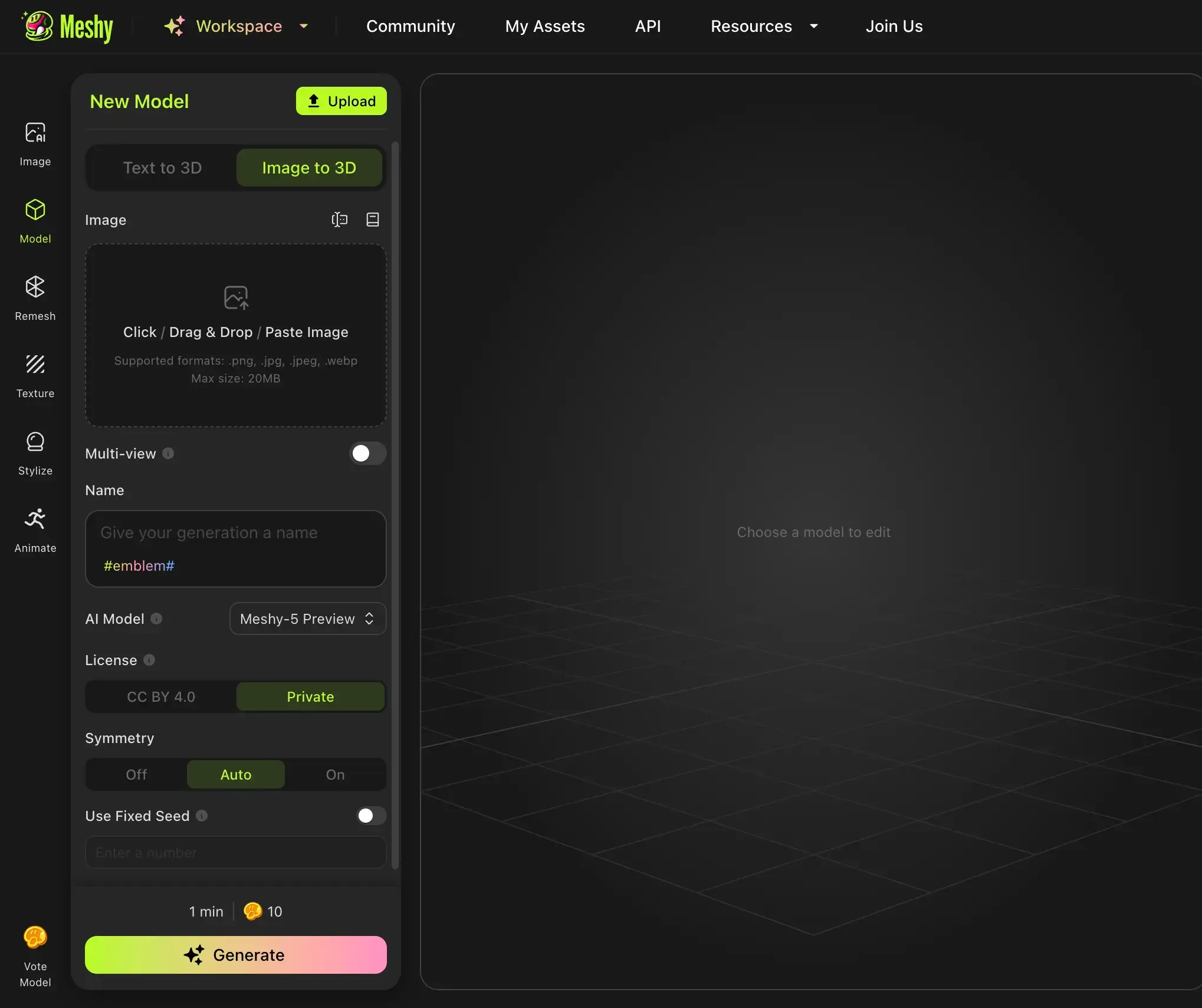 Go to wordkspace and select image to 3D tool