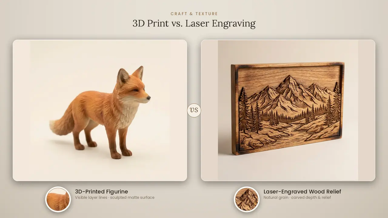 So sánh tượng cáo in 3D và tấm gỗ khắc laser phong cảnh núi non