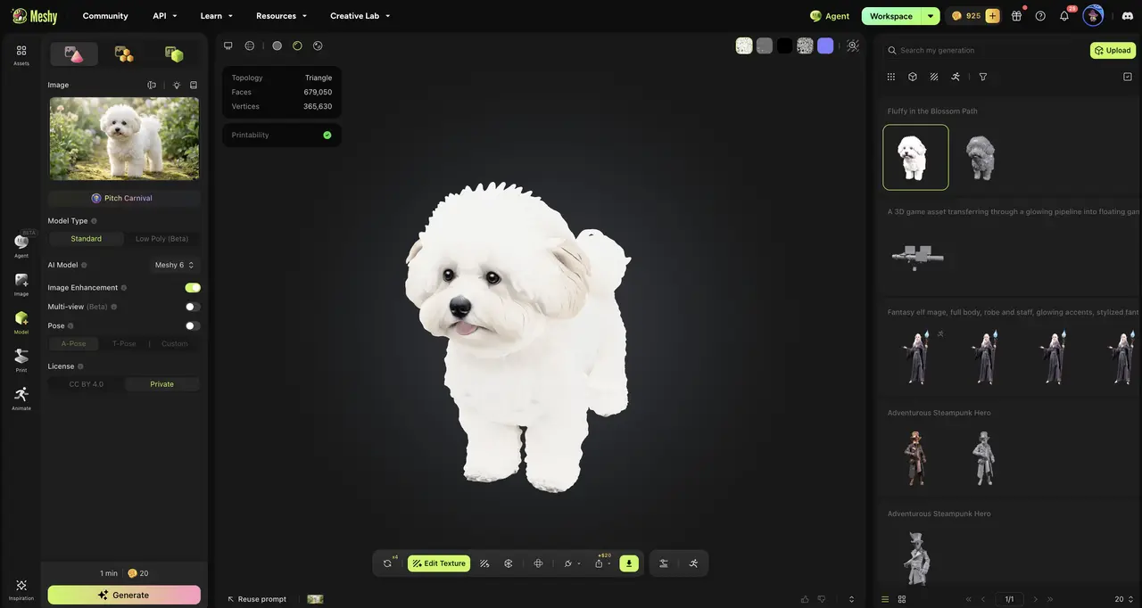 Ảnh chụp màn hình công cụ image-to-3D của Meshy chuyển ảnh chó trắng lông xù thành mô hình 3D có họa tiết