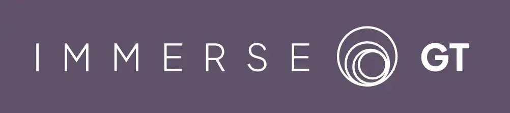 Logo ImmerseGT dengan ikon gelombang ungu bergaya dan teks putih tebal pada latar belakang gelap