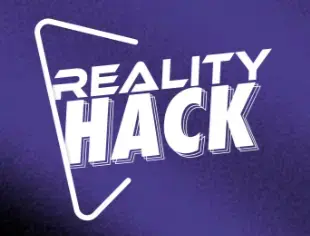 Logo acara MIT Reality Hack dengan latar belakang ungu tebal dan teks putih bergaya
