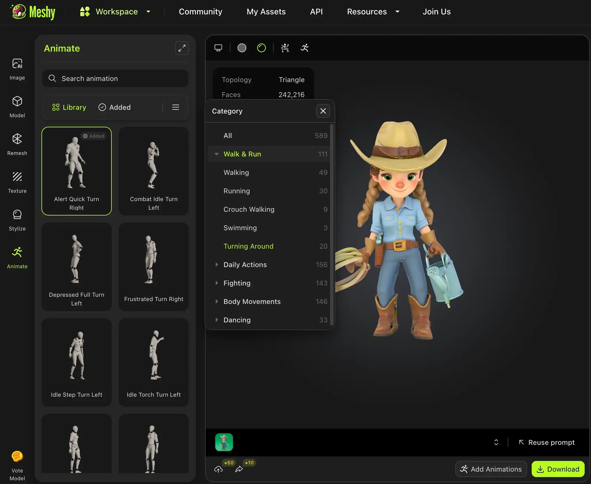 Meshy's gratis 3D-animatiebibliotheekinterface met tweelaags categorisatiesysteem