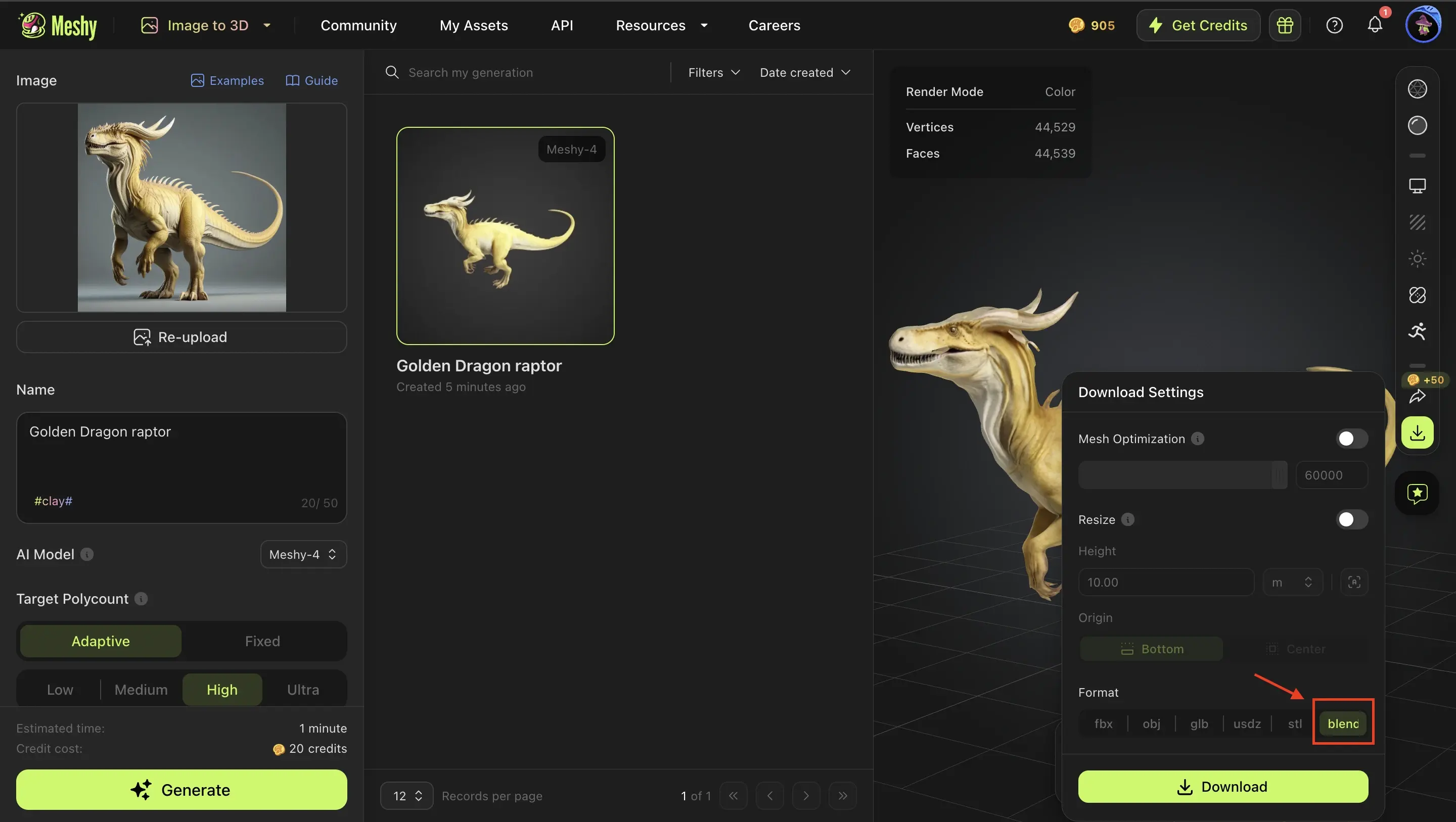 Download blend file in Meshy