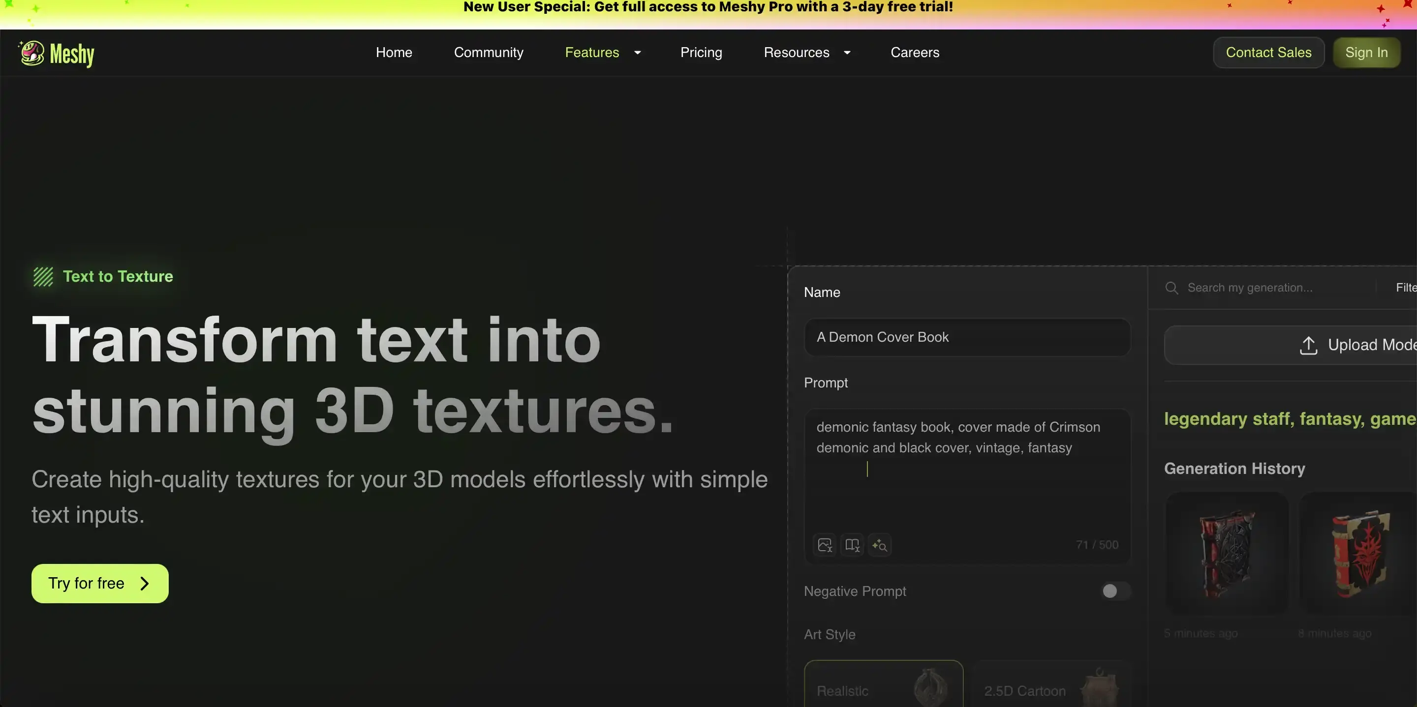 Meshy'nin metinden dokuya özelliği