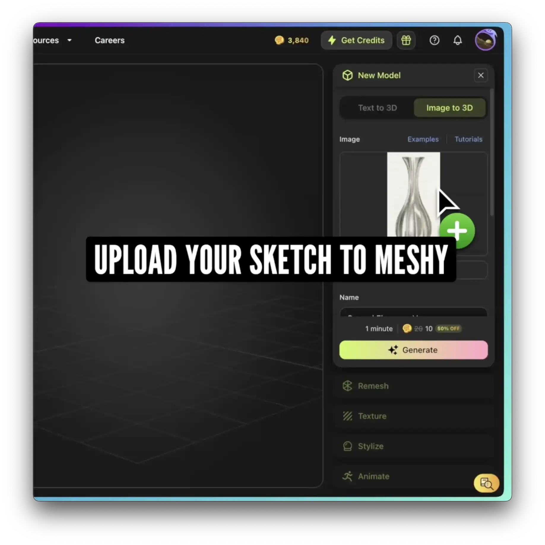 eskizi meshy'ye yükleme
