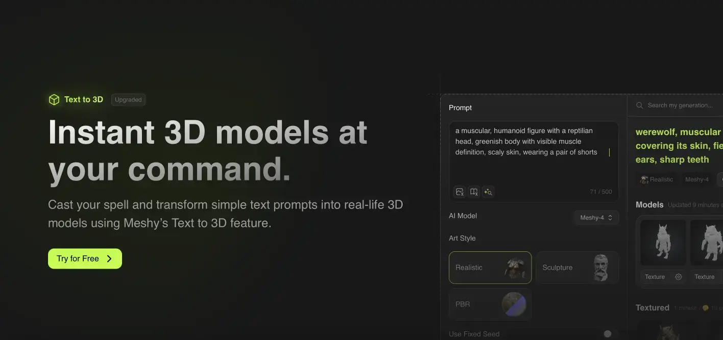 Fitur Meshy text to 3D