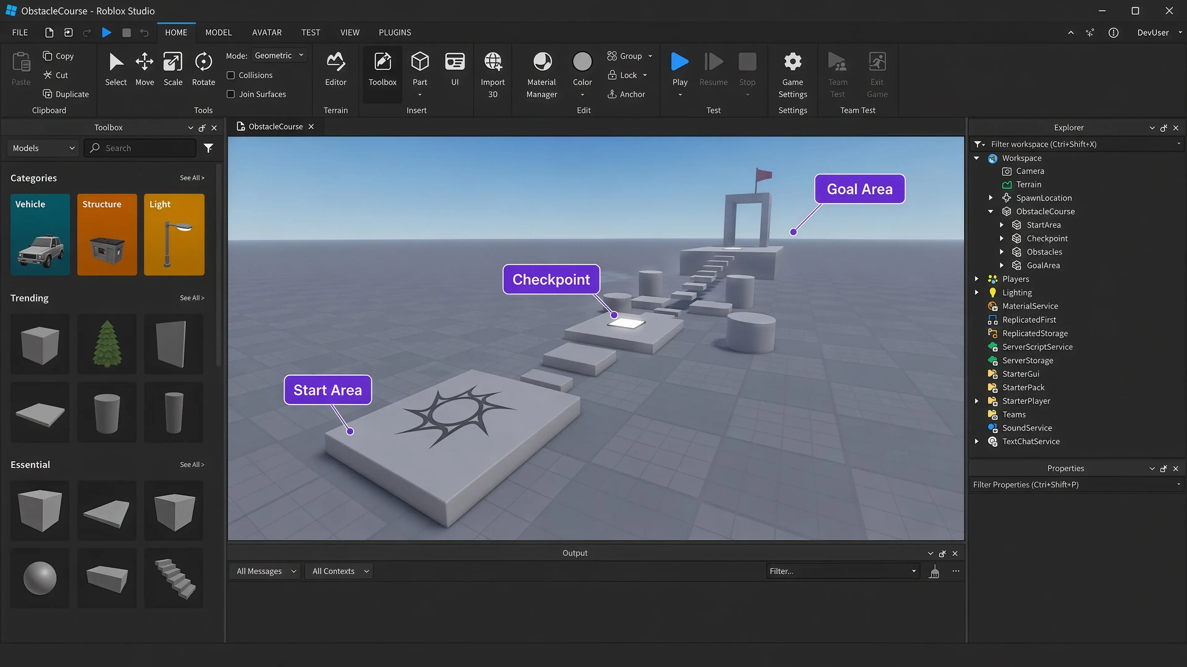 Планировка игрового мира в Roblox Studio с использованием техники greyboxing
