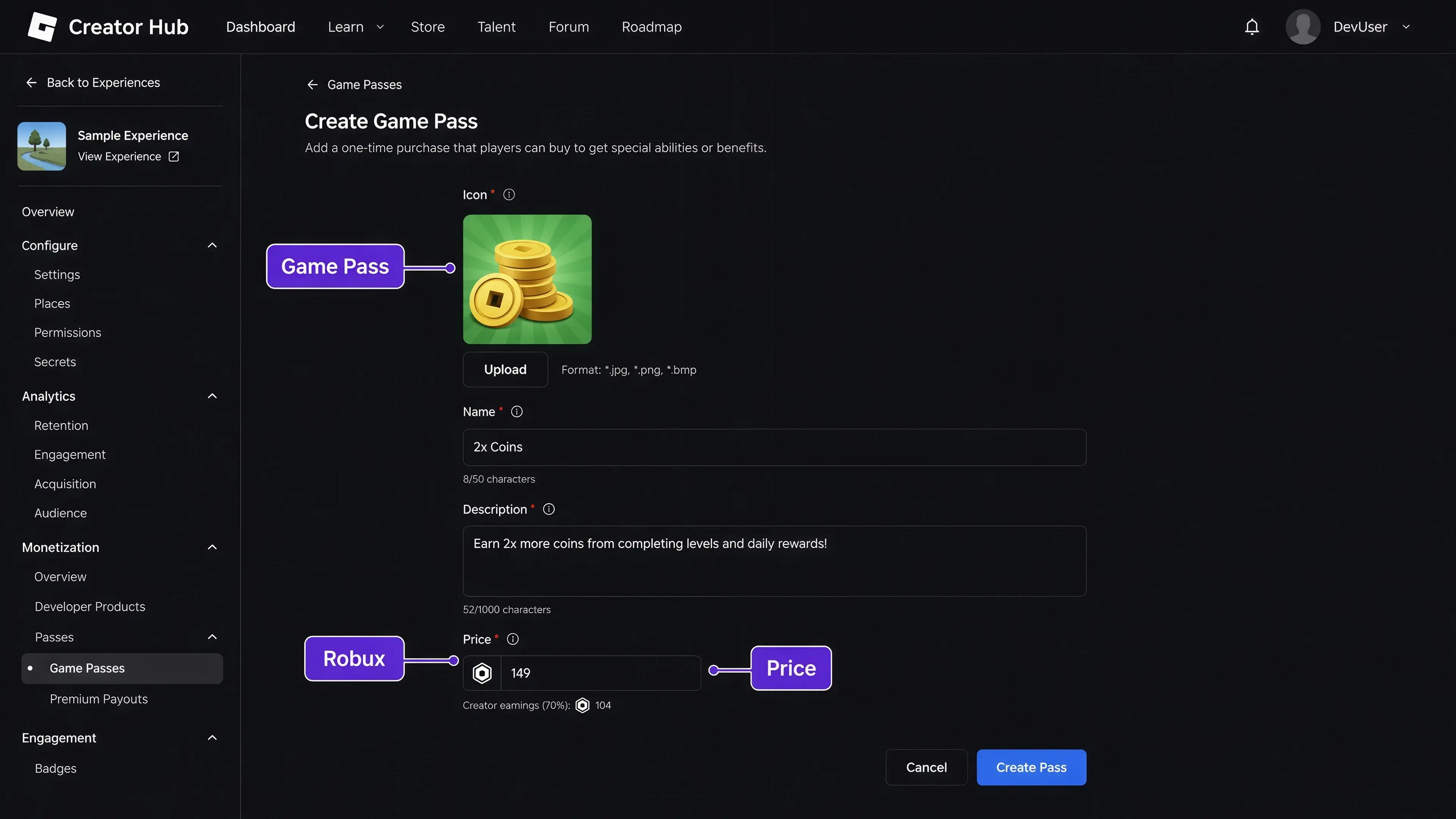 Интерфейс настройки игрового пропуска в Roblox Creator Hub