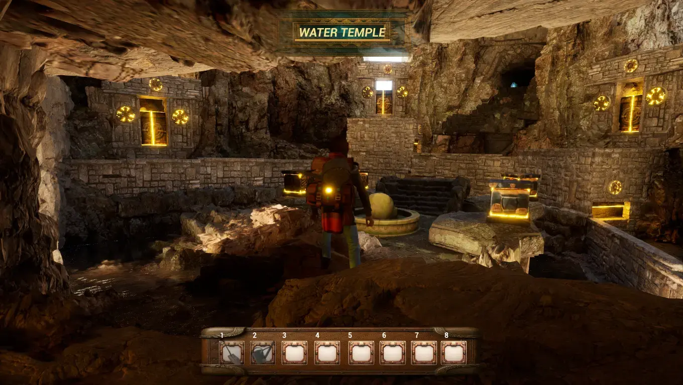 Golden-lit Water Temple chamber interior with shining relics and stone ruins in Treasures of the Cajón