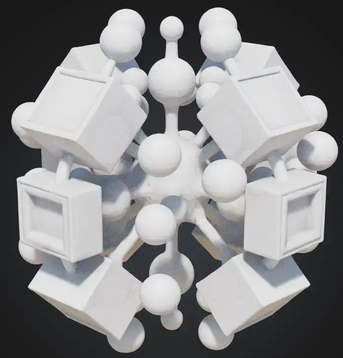 3D абстрактная скульптура из гладких, полированных кубов и сфер, взаимосвязанных в геометрическом узоре