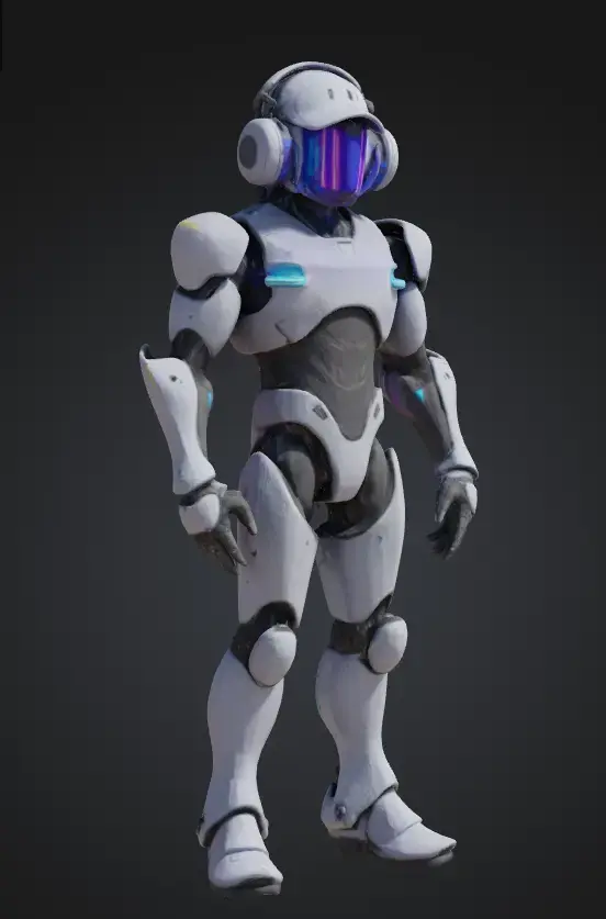 Киберпанковская 3D модель робота в наушниках, кепке, с блестящими металлическими текстурами и светящимися акцентами