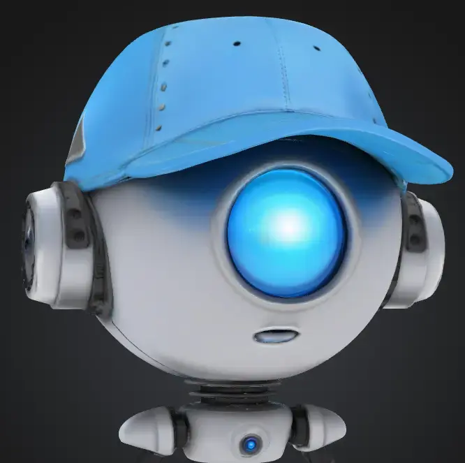 3D модель гладкой ретро-футуристической головы андроида с синей бейсболкой, светящимся глазом и встроенным аудиооборудованием