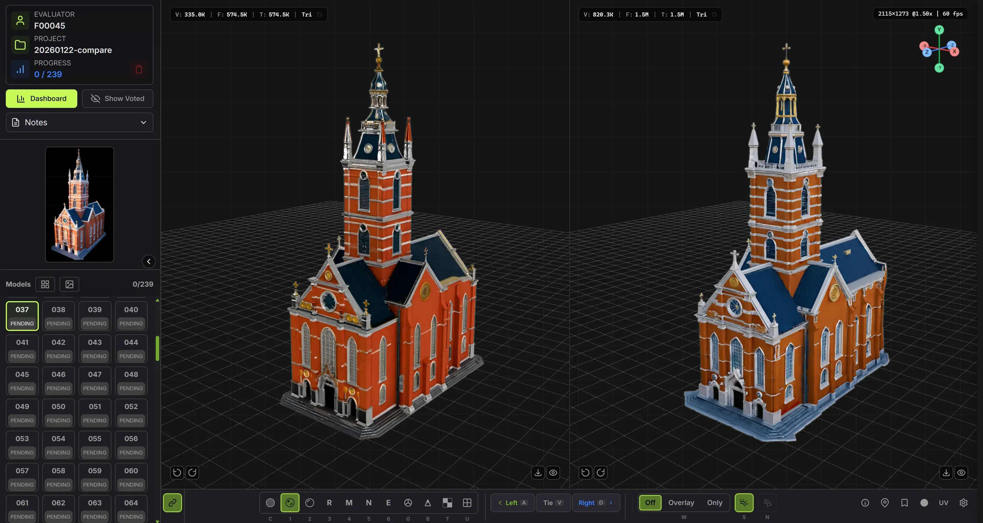 Muse-Bewertungsoberfläche, die zwei 3D-Modellausgaben für die Blindabstimmung nebeneinander zeigt