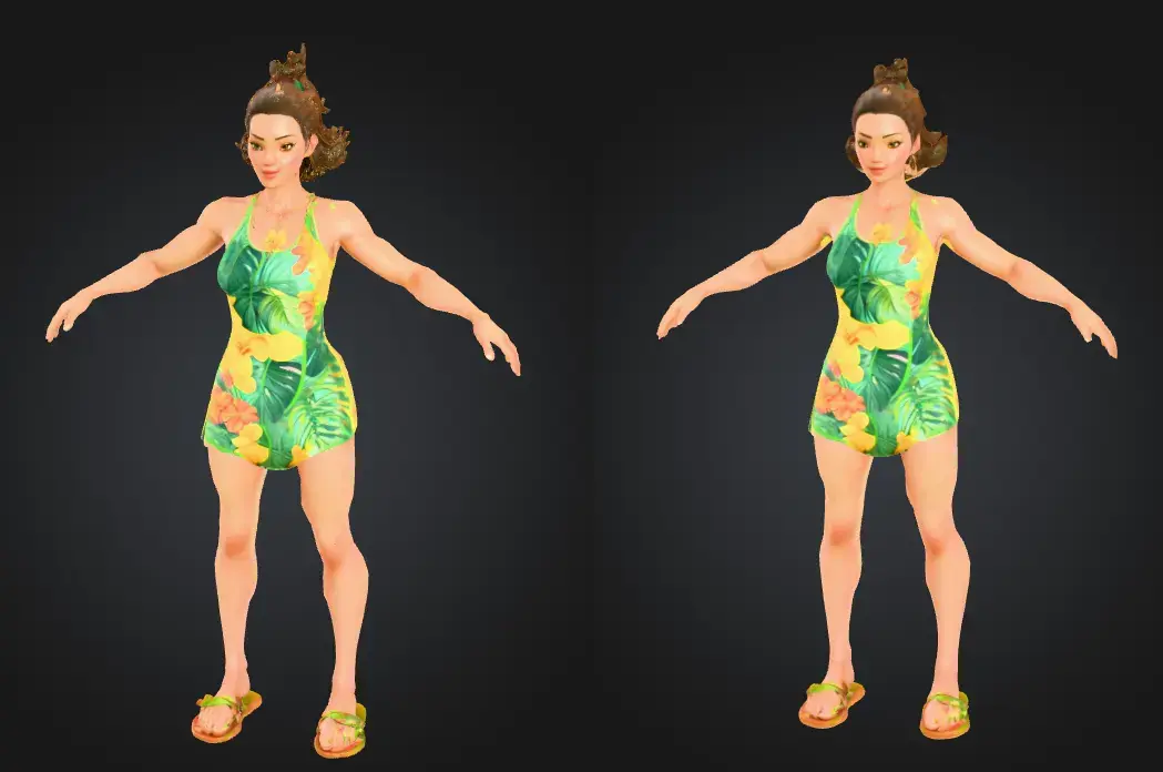 Point-and-click game 2D to 3D generated character with tropical dress