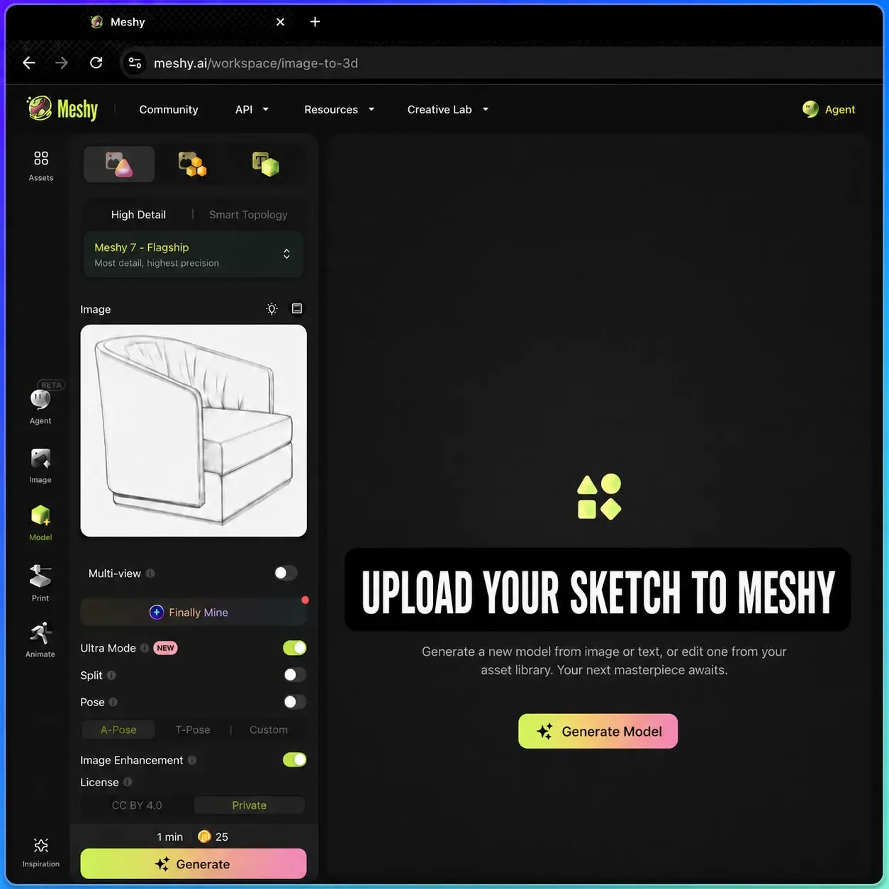 Panel Meshy Image to 3D z przesłanym ręcznie rysowanym szkicem fotela i wybranym Meshy 7