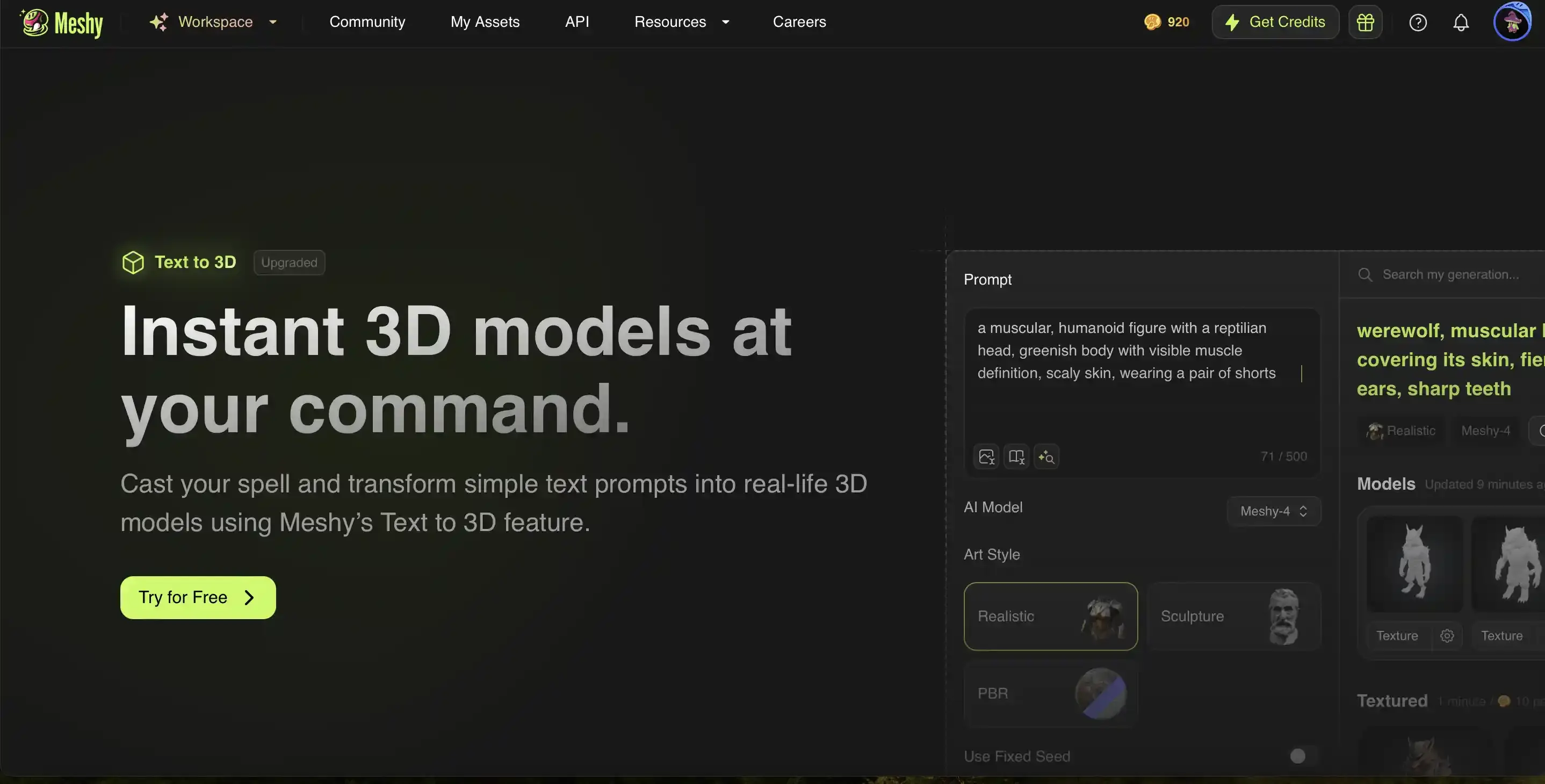 Fonctionnalité texte en 3D de Meshy