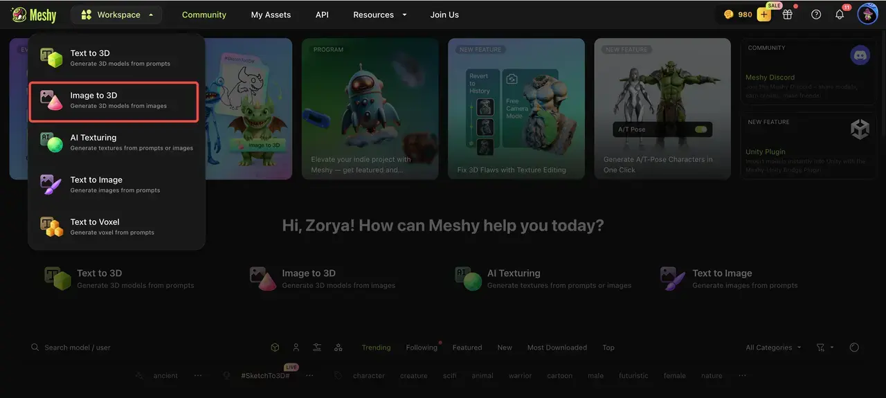 Passo 1 Navegar para o espaço de trabalho do meshy