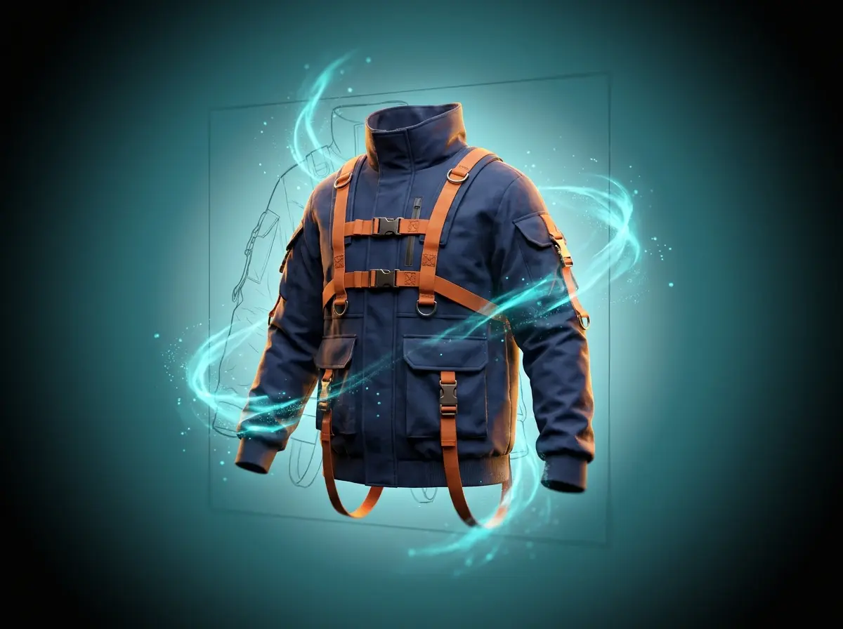 Veste 3D moitié en filaire, moitié rendue, montrant du texte et une image pour la génération de vêtements 3D