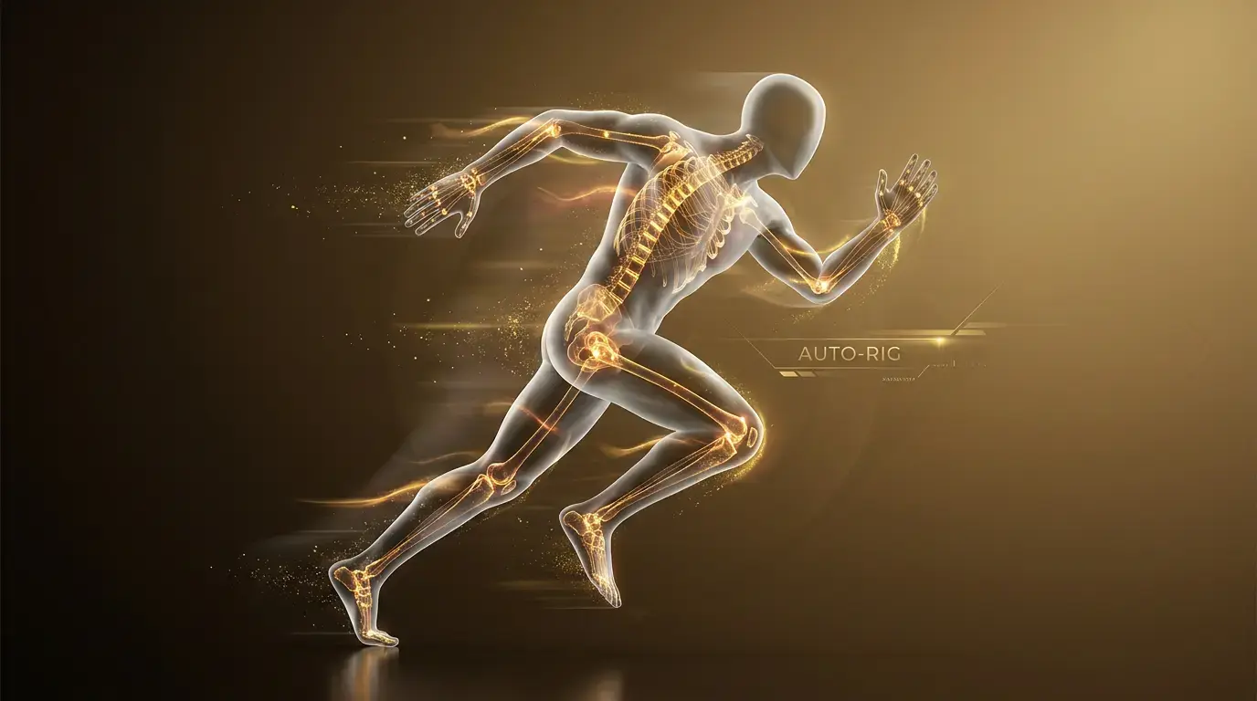 A translucent humanoid character in a dynamic running pose with a glowing auto-rigged skeleton visible inside, surrounded by motion trails