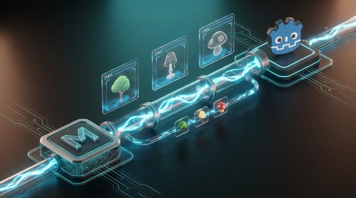 Isometric illustration of a glowing energy pipeline bridging Meshy and the Godot game engine, with 3D asset thumbnails flowing into floating editor panels