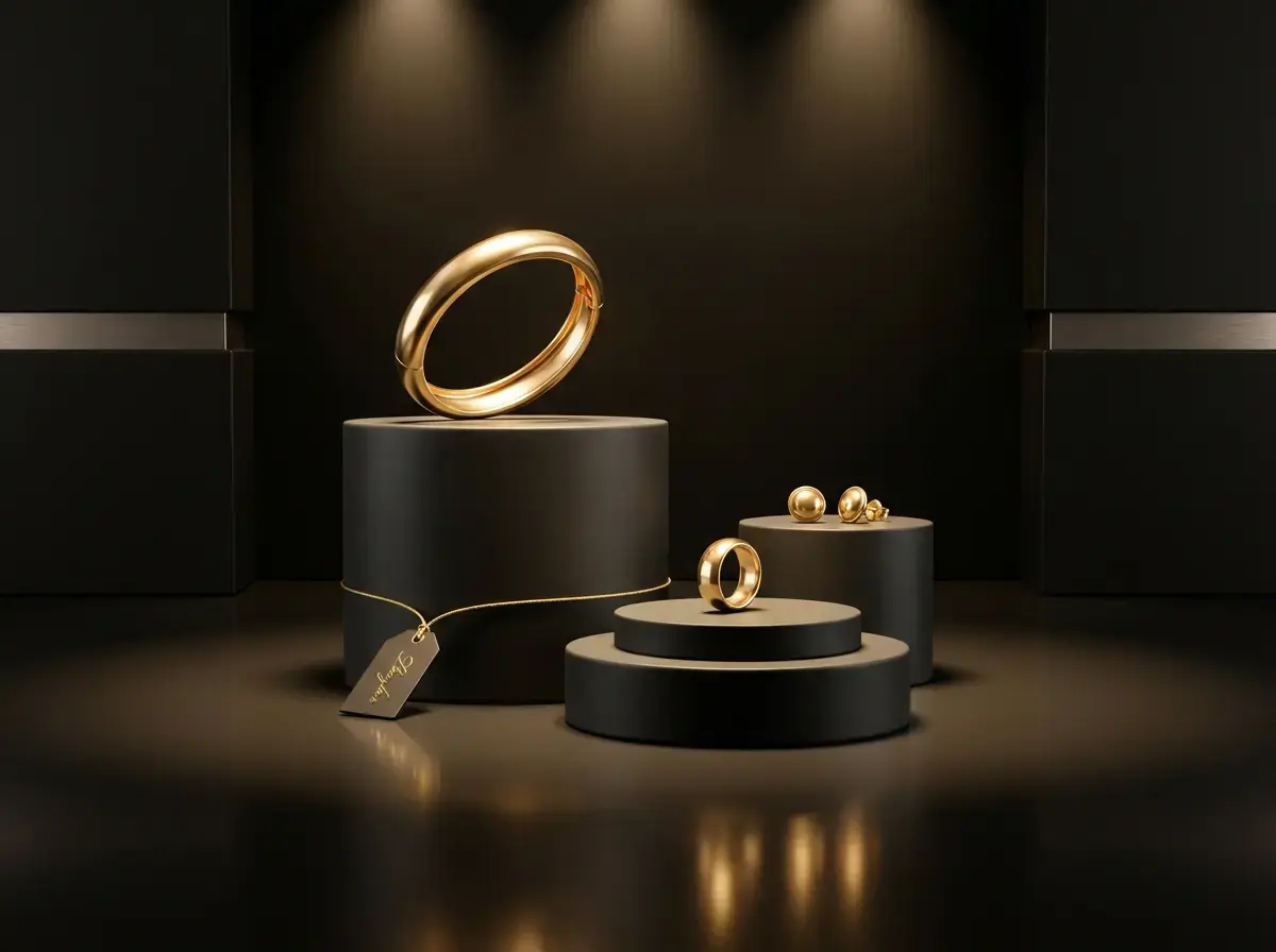 Collection de bijoux en or sur socles avec étiquette de prix, crédits gratuits et droits commerciaux