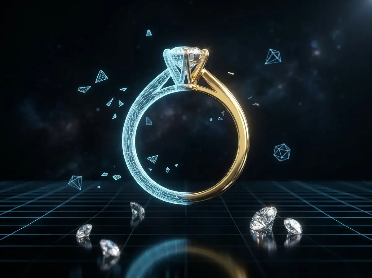 Bague en or 3D semi-filigrane semi-rendue avec fragments de maillage flottants montrant la topologie 3D réelle