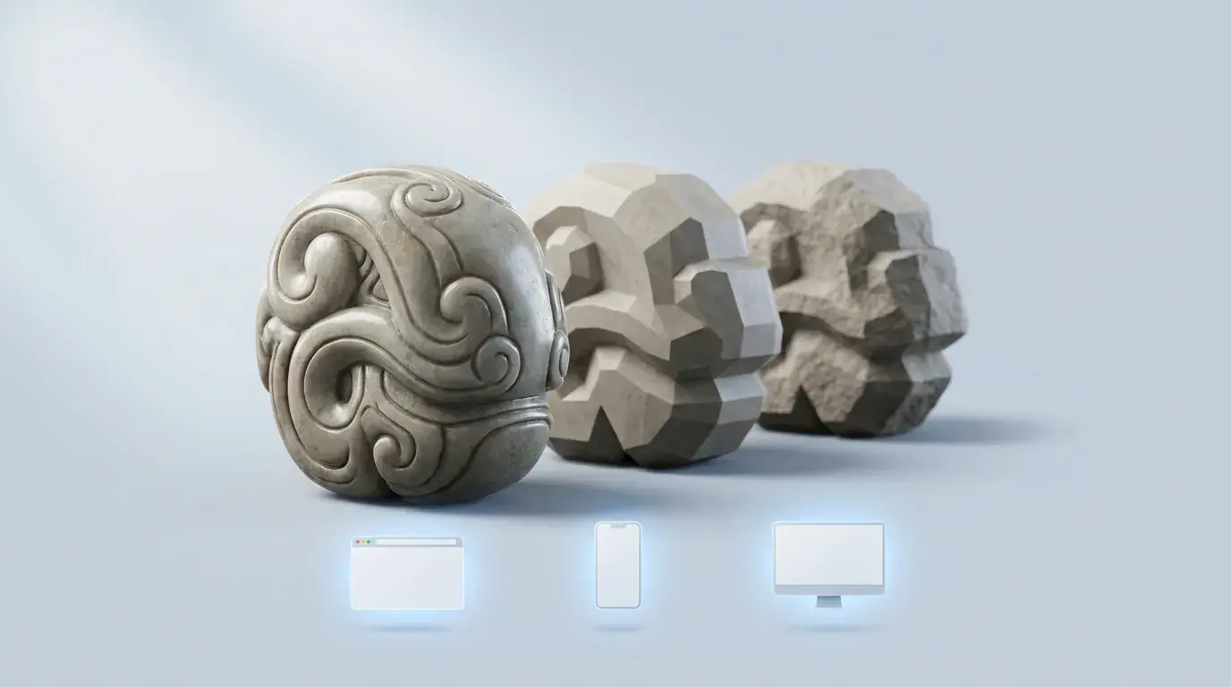One artifact model shown at three polygon densities beside web, AR and desktop destination panels