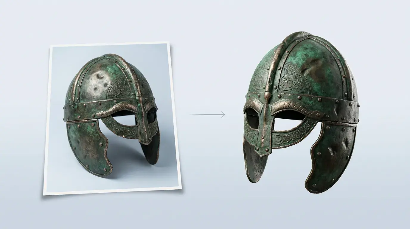 Ancient bronze helmet photograph on the left resolving into a textured 3D model on the right