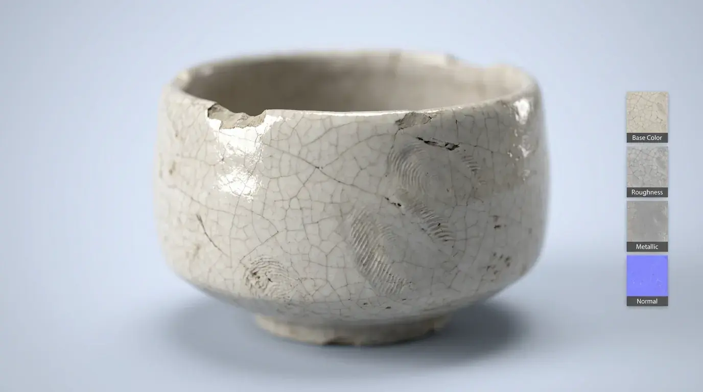 Close-up of a glazed ceramic vessel 3D model showing roughness and normal map surface detail