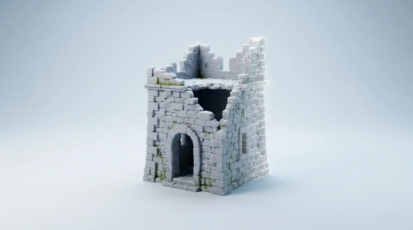 AI wargaming terrain generator turning a text prompt into a 3D printable ruin in Meshy
