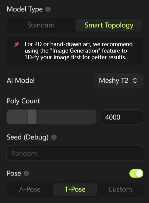 Impostazione di un target di poligoni con Meshy Smart Topology per un oggetto di scena Roblox