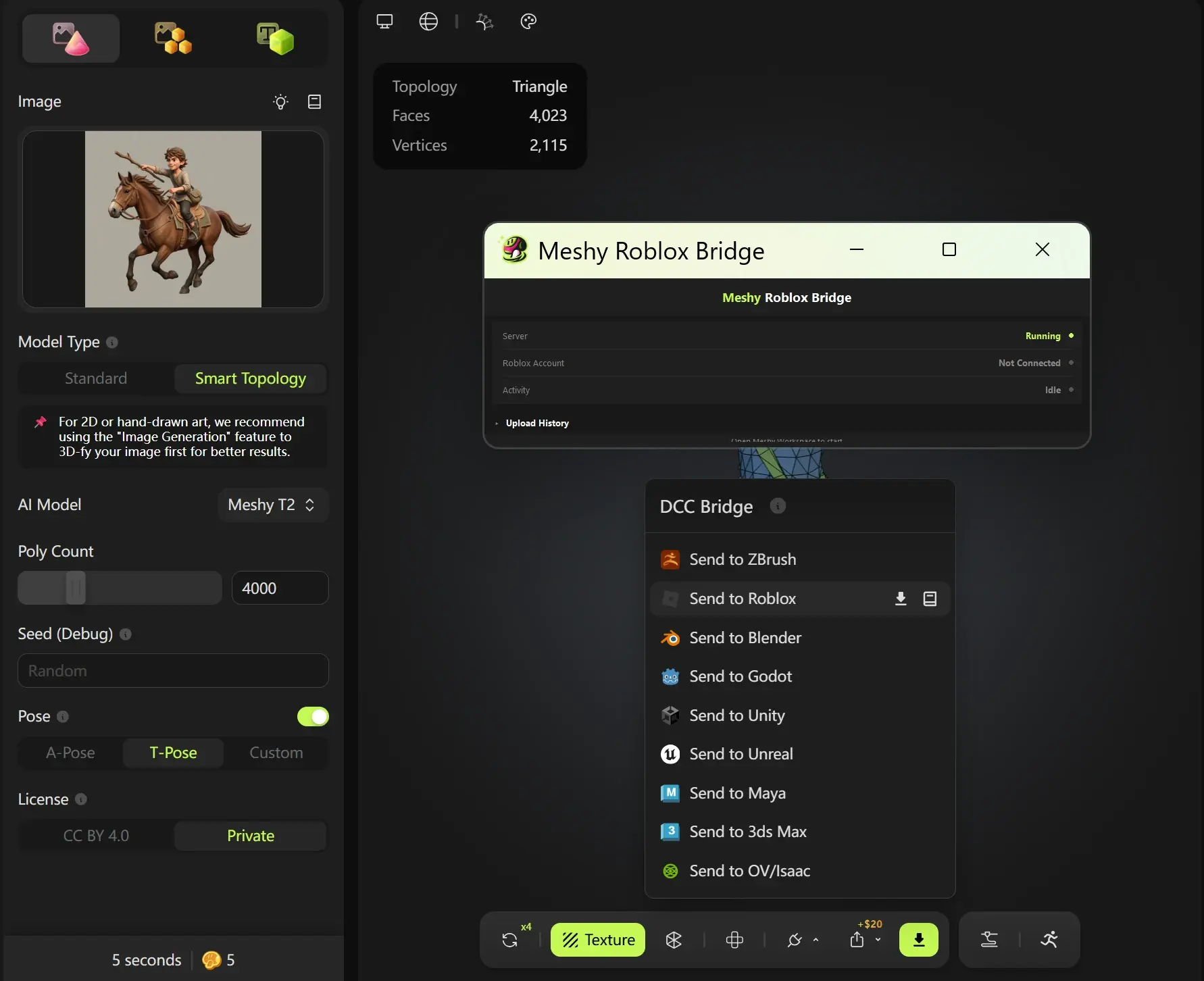 Bridge Meshy Roblox con il server in esecuzione e un account Roblox connesso