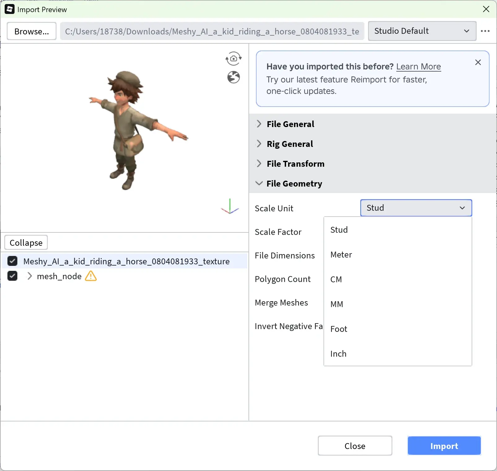 Impostazione di Scale Unit e lettura di File Dimensions nell'Importatore di Roblox