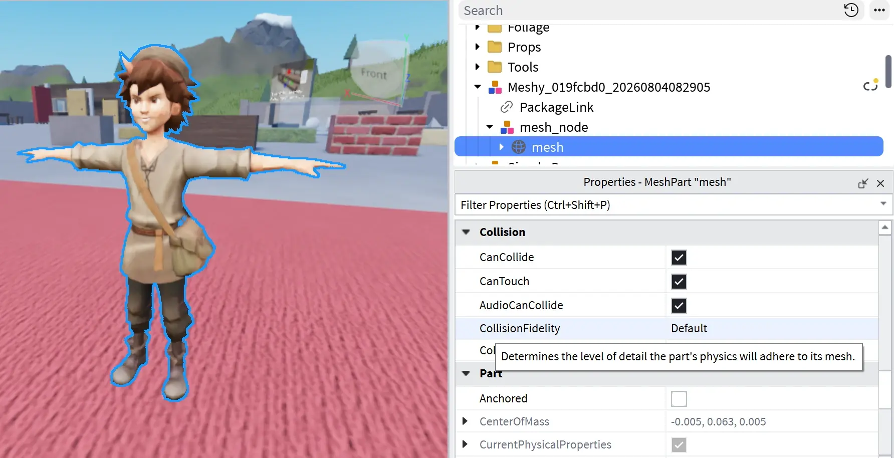 Selezione del MeshPart per impostare CollisionFidelity in Roblox Studio