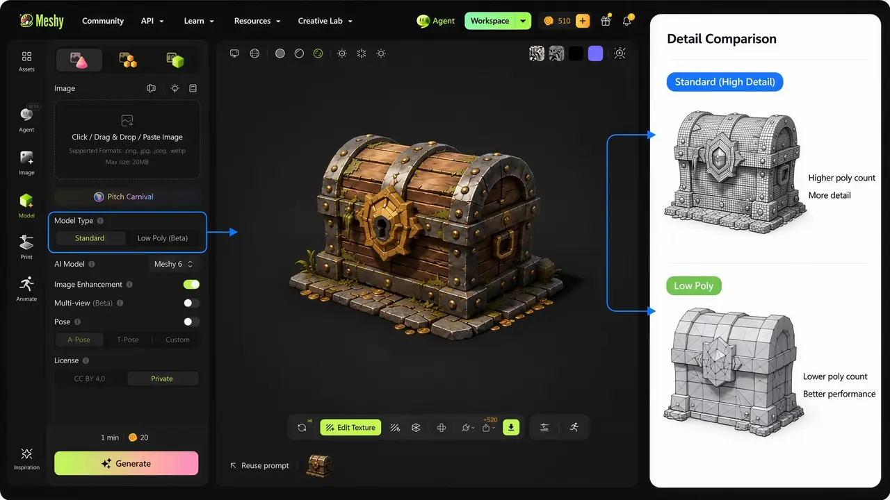 Interface de génération de modèles 3D Meshy AI avec options Standard et Low Poly