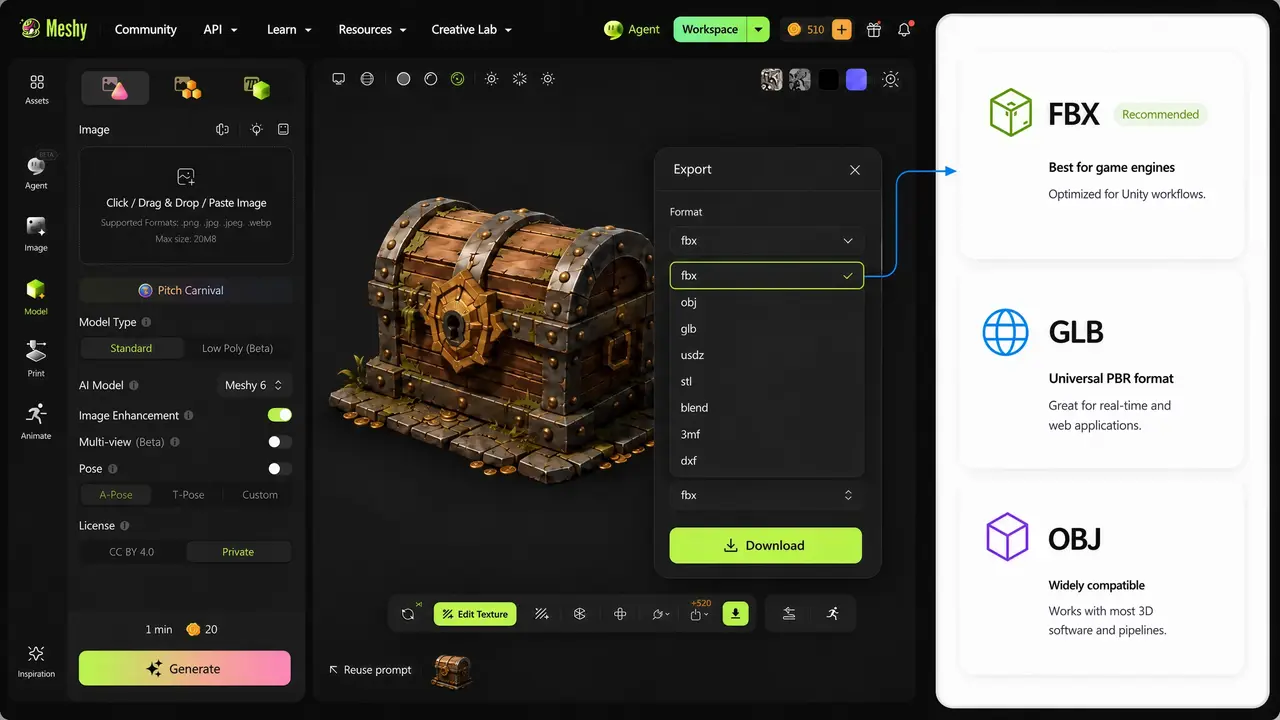 Boîte de dialogue d'exportation Meshy affichant les formats FBX, GLB et OBJ pour Unity