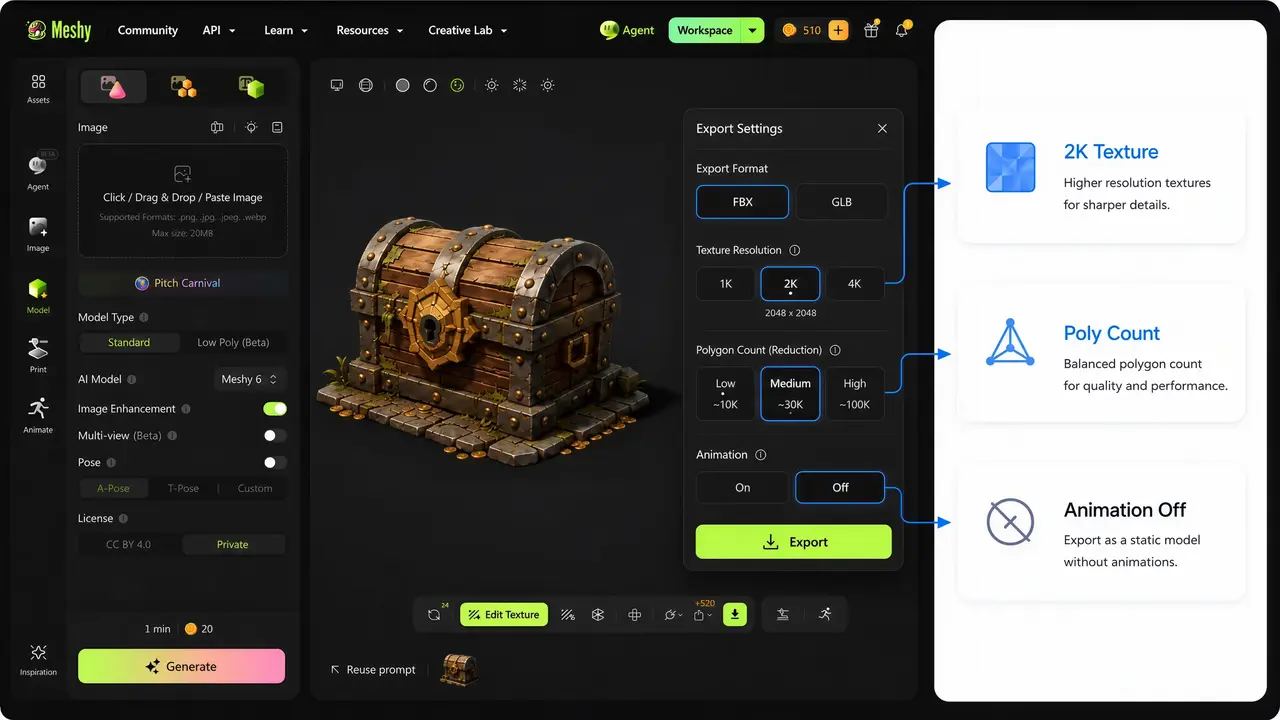 Panneau Export Settings de Meshy montrant le format FBX, la résolution de texture 2K, un nombre de polygones moyen et l'animation désactivée