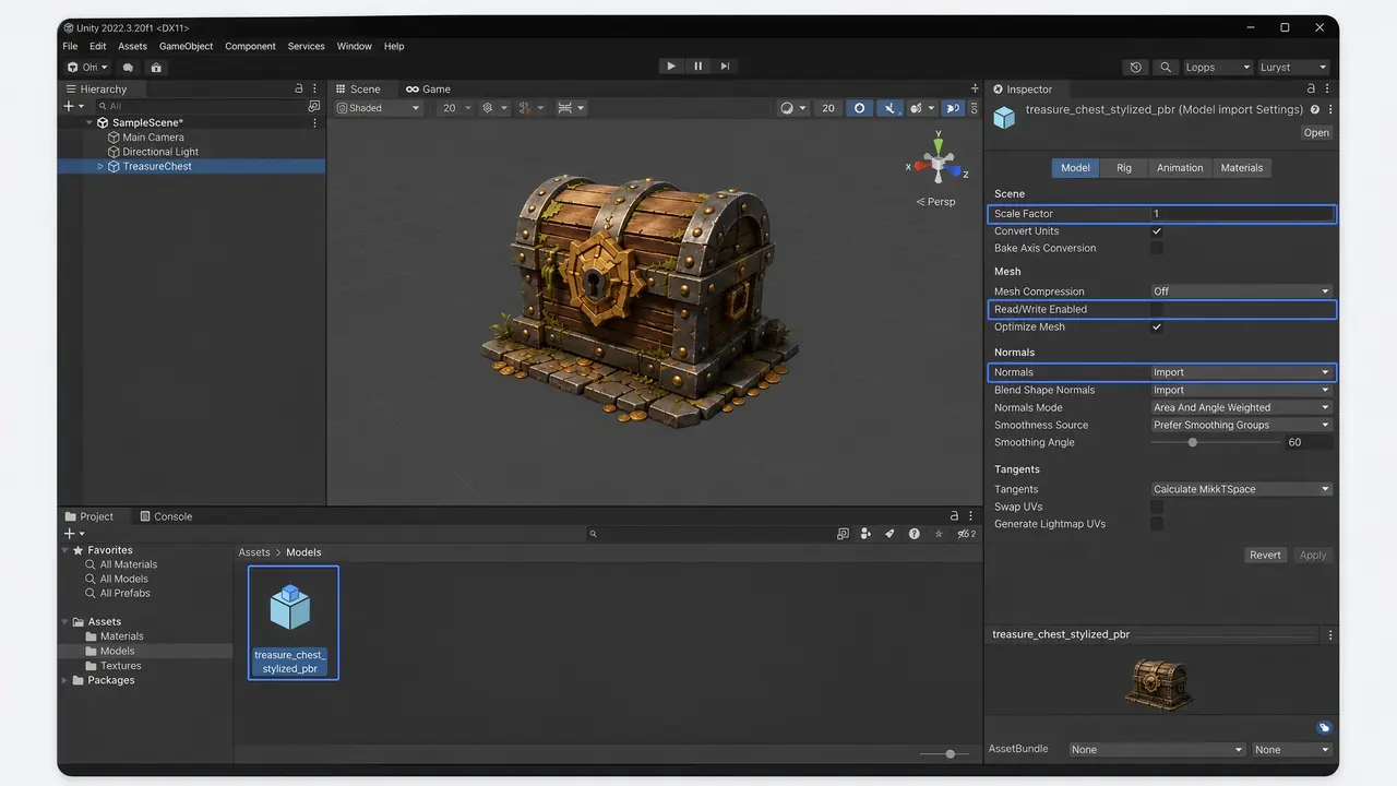 Inspecteur Import Settings Unity pour un modèle FBX Meshy — Scale Factor, Normals, Read/Write