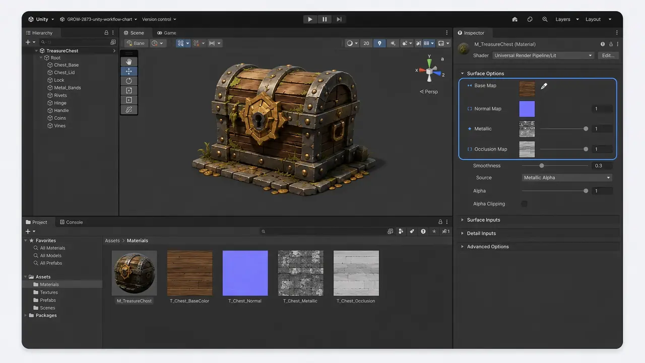 Inspecteur de matériau Unity avec le shader URP/Lit et les cartes PBR de Meshy