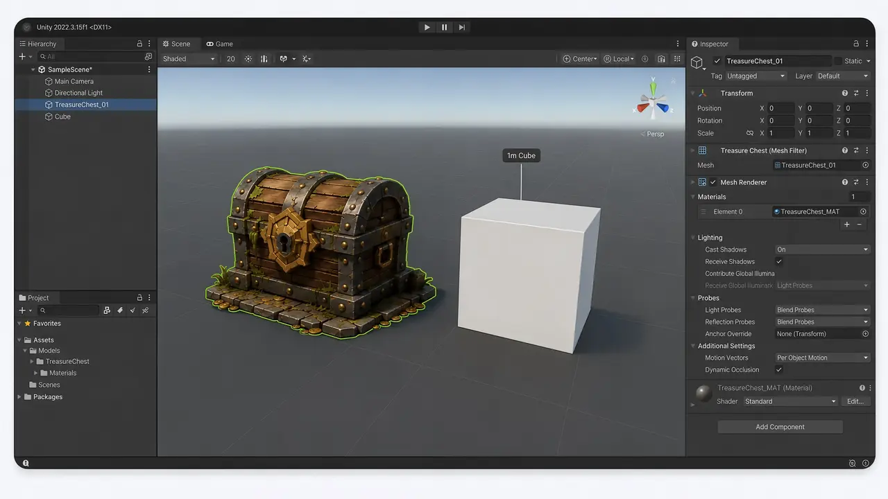 Scène Unity avec un modèle 3D Meshy à côté d'un Cube par défaut de 1 m³ pour référence d'échelle
