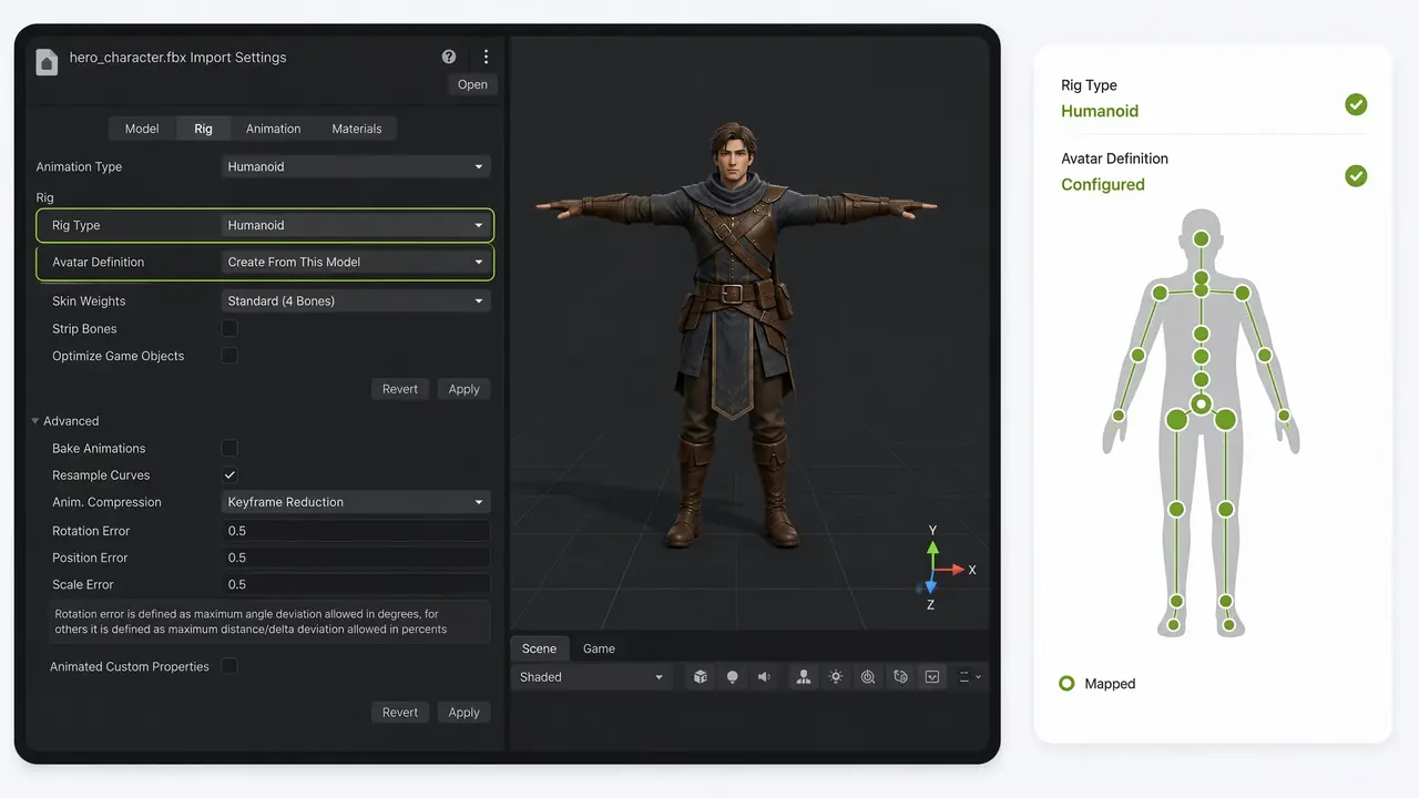 Onglet Rig Unity avec le type de rig Humanoid sélectionné pour un personnage animé Meshy
