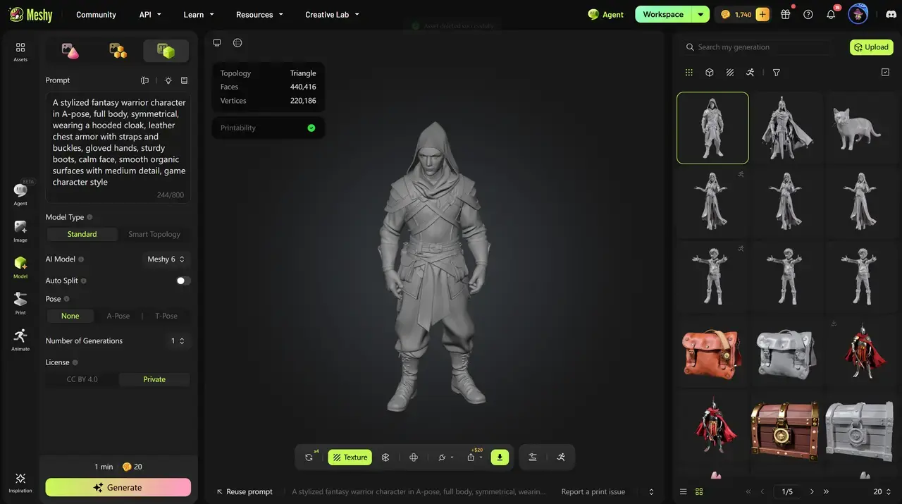 Modelo del espacio de trabajo de Meshy antes de Remesh