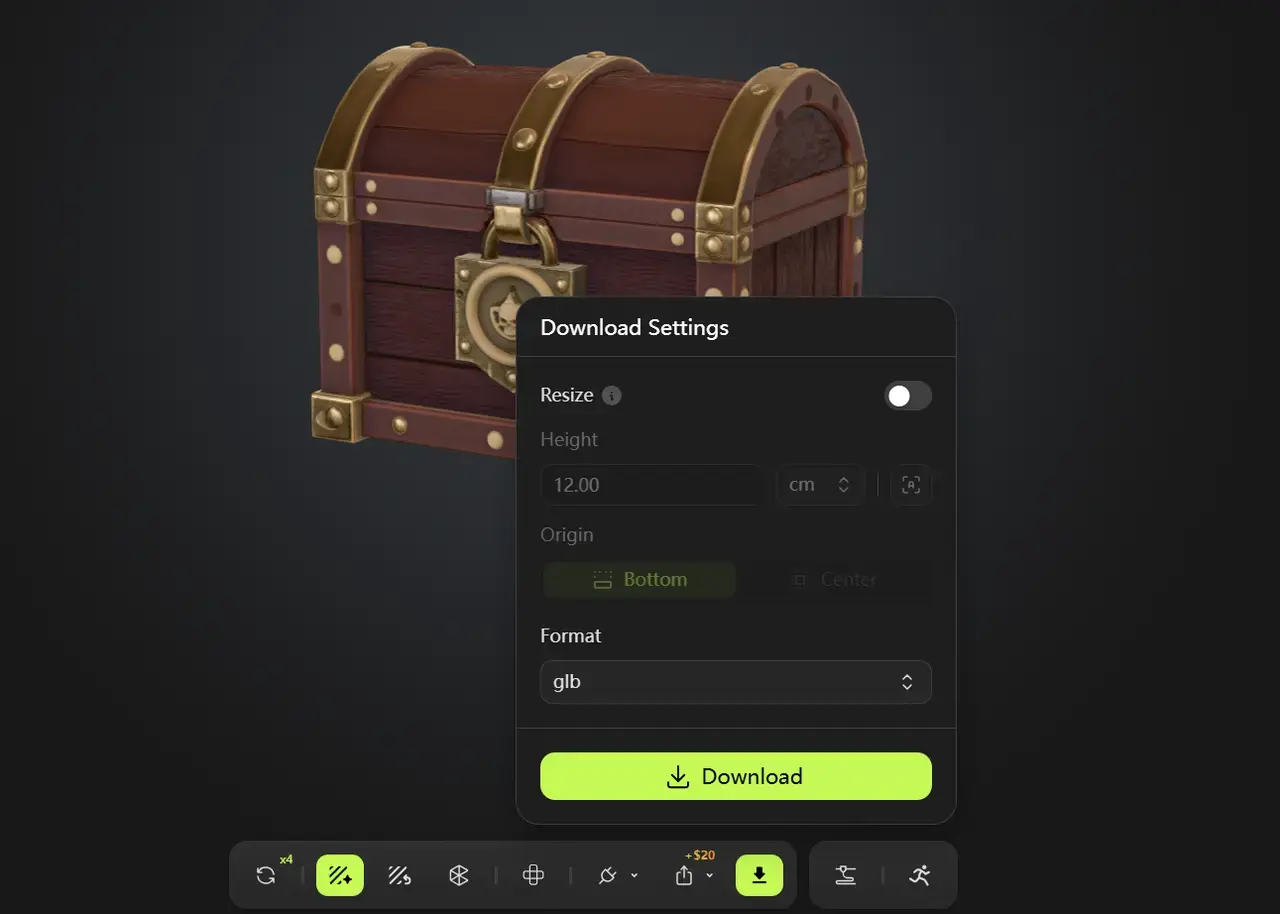 Pannello di impostazioni di download di Meshy