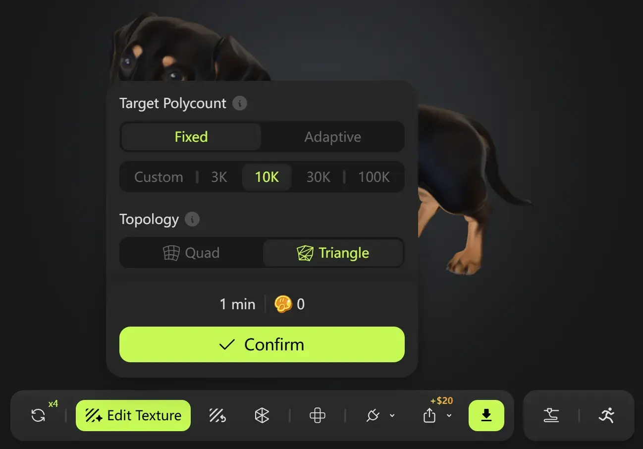 Bảng retopology và retexture của Meshy để tối ưu hóa mô hình 3D đã tạo