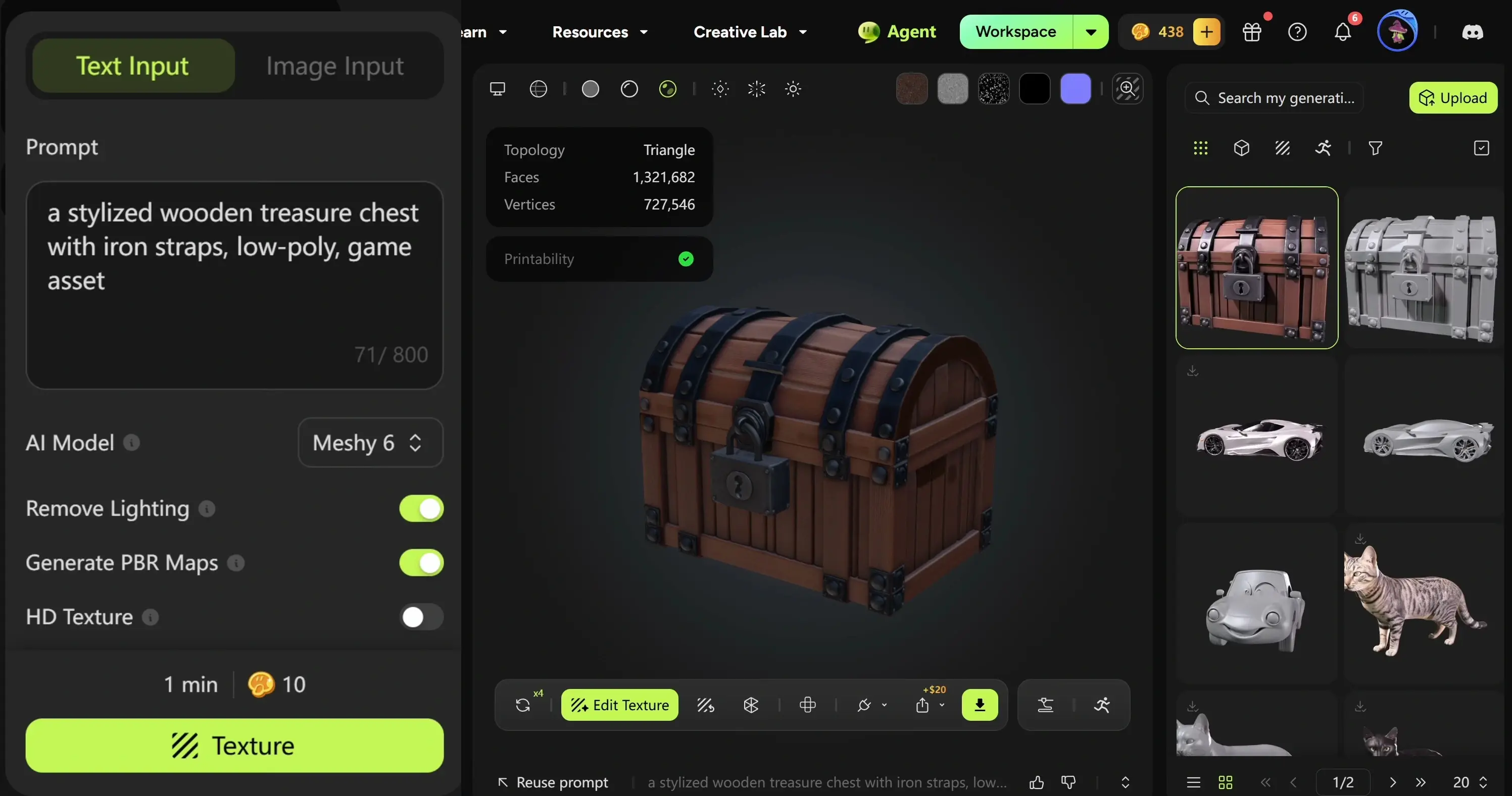 Modello 3D texturizzato PBR prodotto da Meshy AI Texturing