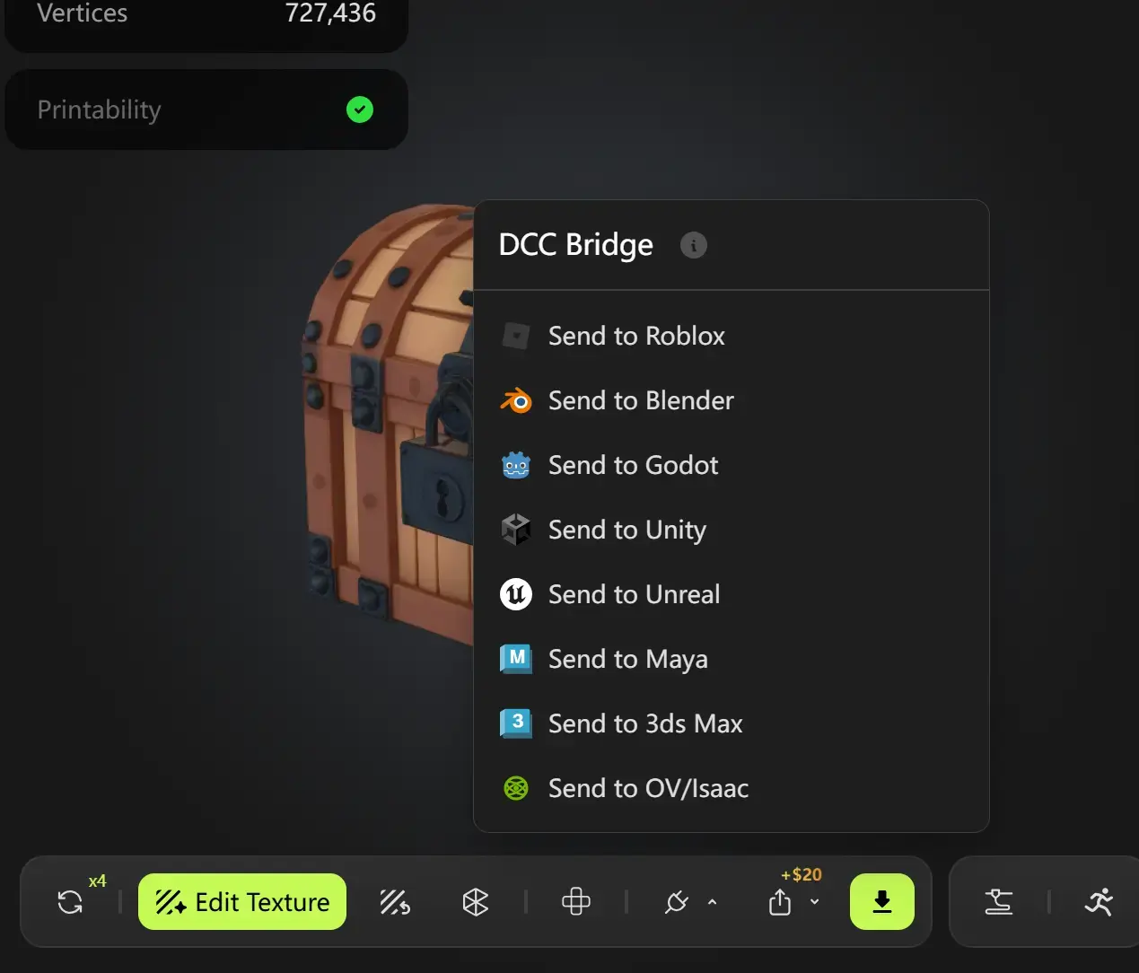 Invio di un modello Meshy a Blender, Unity e Unreal tramite DCC Bridge