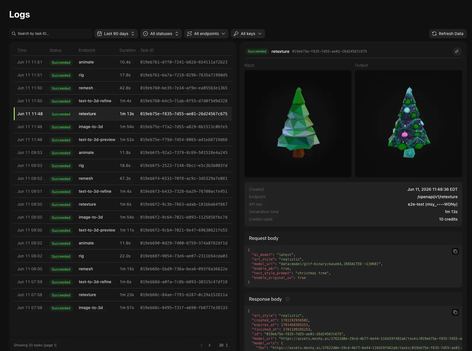 Meshy API request logs console