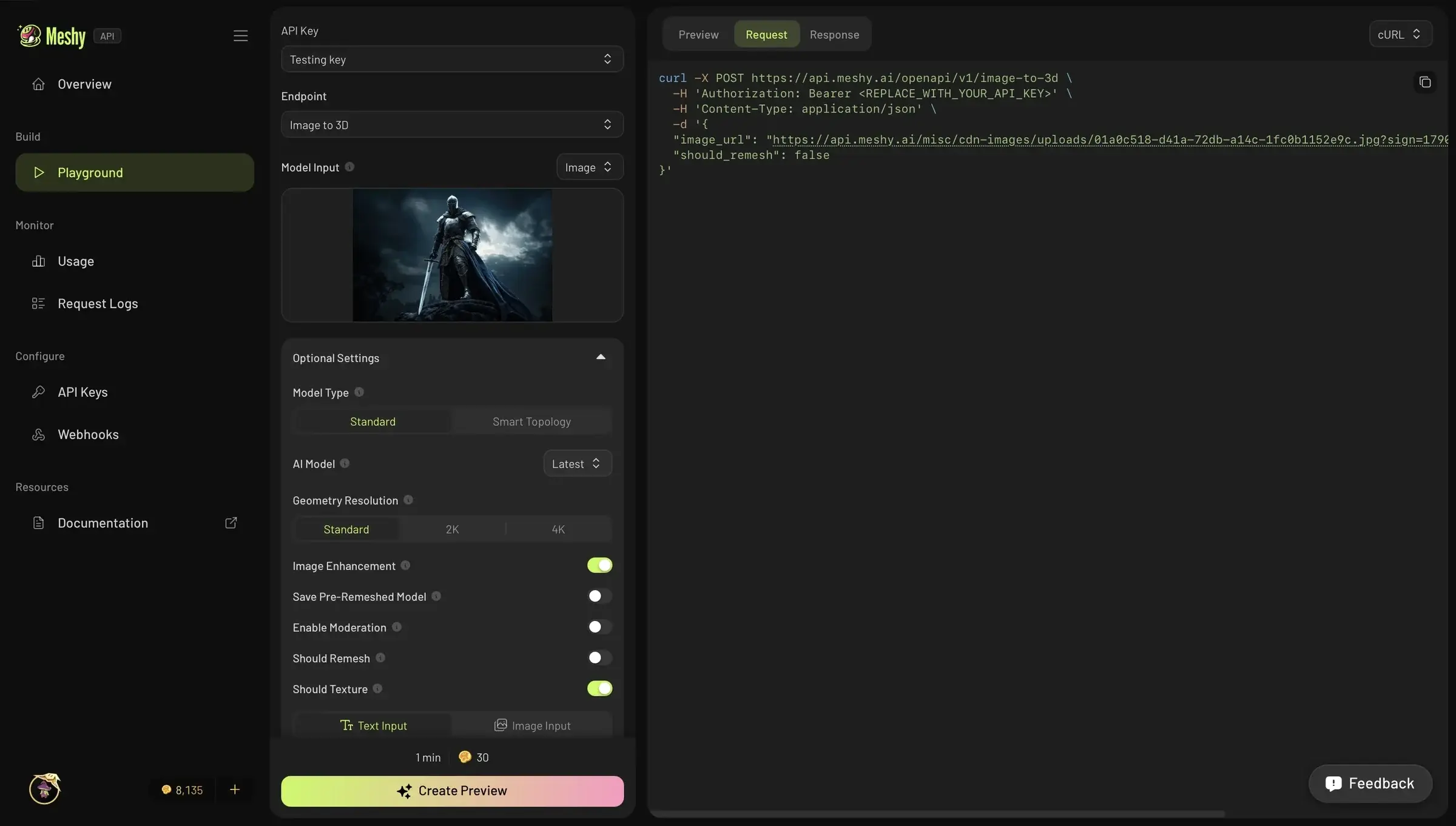 Meshy API Playground interface showing a text-to-3D request and a live model preview