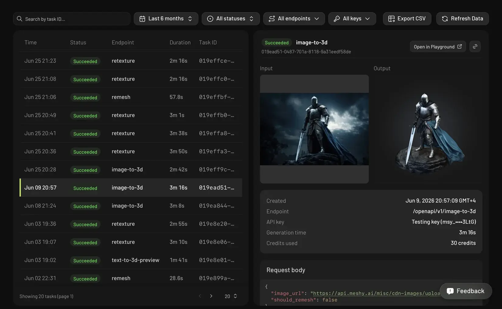 Meshy API request logs showing recent requests, statuses, and task details
