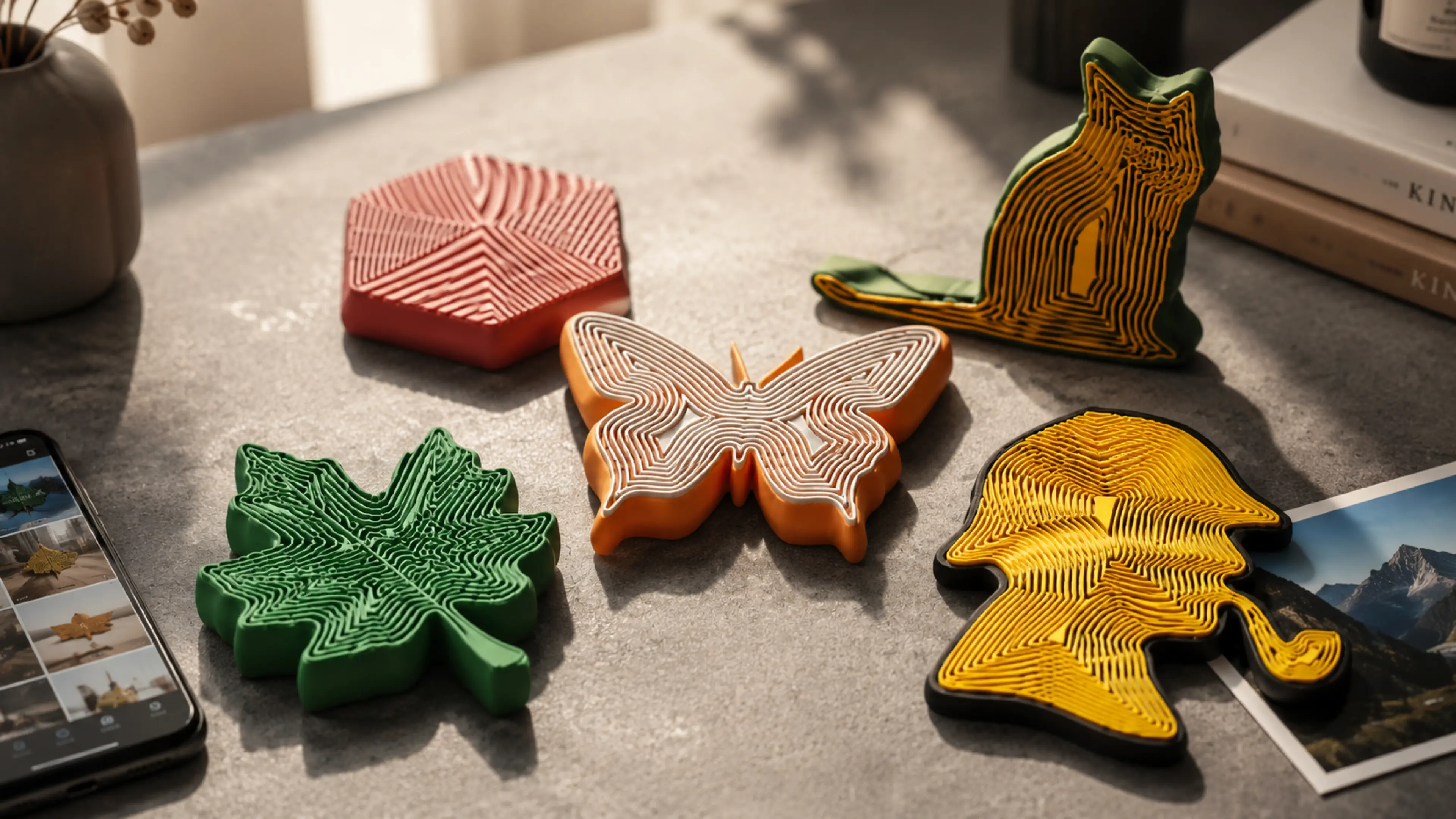Una selezione di giocattoli fidget pieghevoli stampati in 3D da foto, accanto a una galleria fotografica del telefono